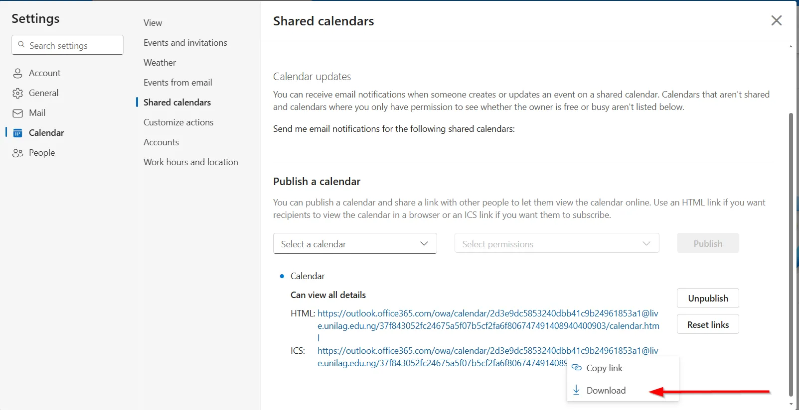 Nút Tải xuống tệp ICS trong Outlook Calendar