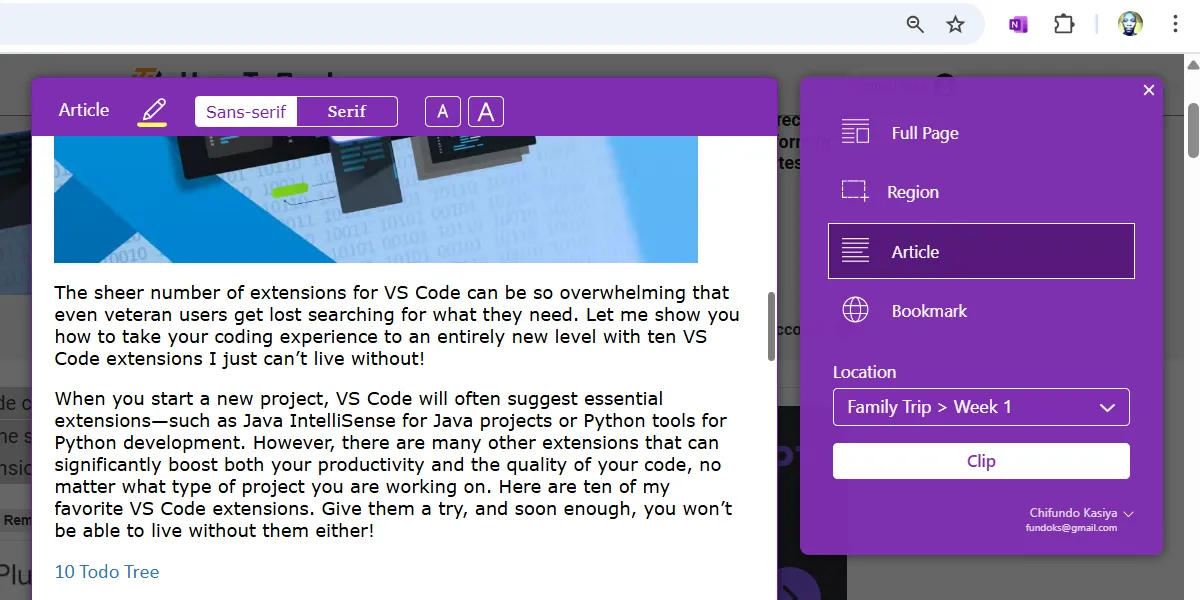 OneNote Web Clipper đang ghi lại nội dung trang web vào sổ ghi chú OneNote