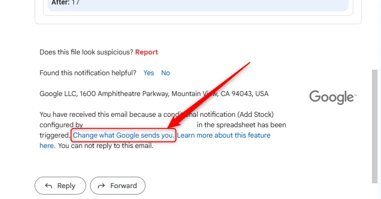 Phần chân email thông báo của Gmail với tùy chọn &quot;Change What Google Sends You&quot;