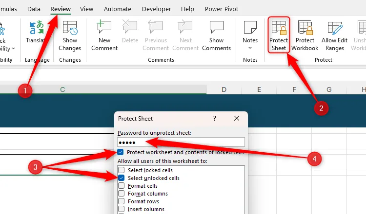 Protect Worksheet trong tab Review của Excel được chọn, hai hộp kiểm trong hộp thoại Protect Sheet được chọn và mật khẩu được nhập