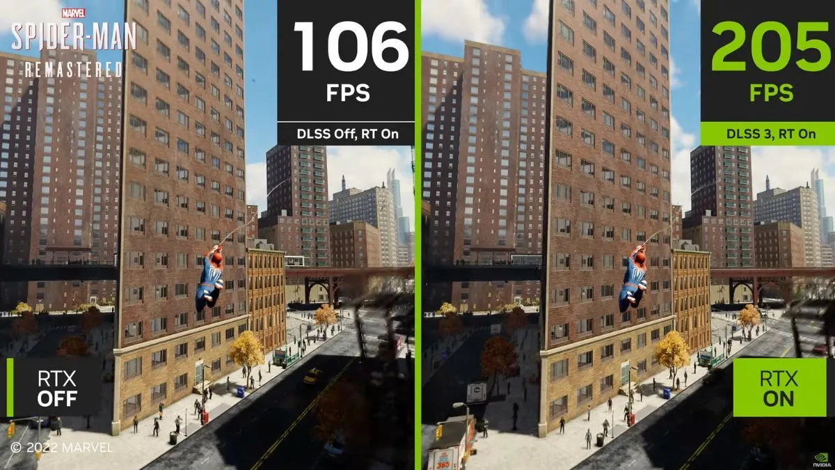 So sánh hiệu suất game Spider-Man Remastered khi bật và tắt DLSS 3 của NVIDIA, minh họa công nghệ tạo khung hình.