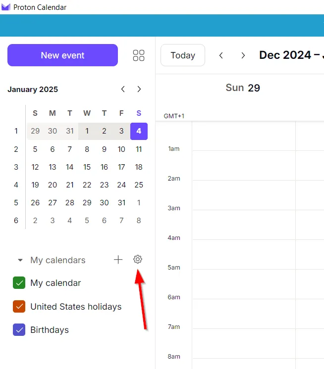 Tab Lịch trong ứng dụng Proton Calendar với biểu tượng cài đặt