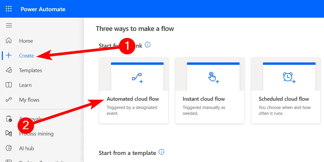 Tạo một Automated Cloud Flow mới trong giao diện Power Automate cho Web