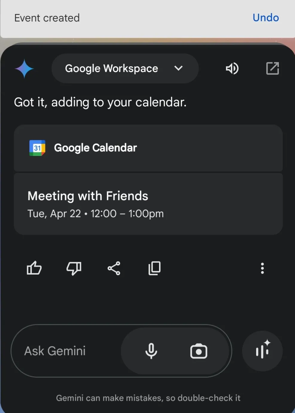 Tạo sự kiện mới trên Google Calendar bằng lệnh giọng nói qua Google Assistant hoặc Gemini trên điện thoại Android.