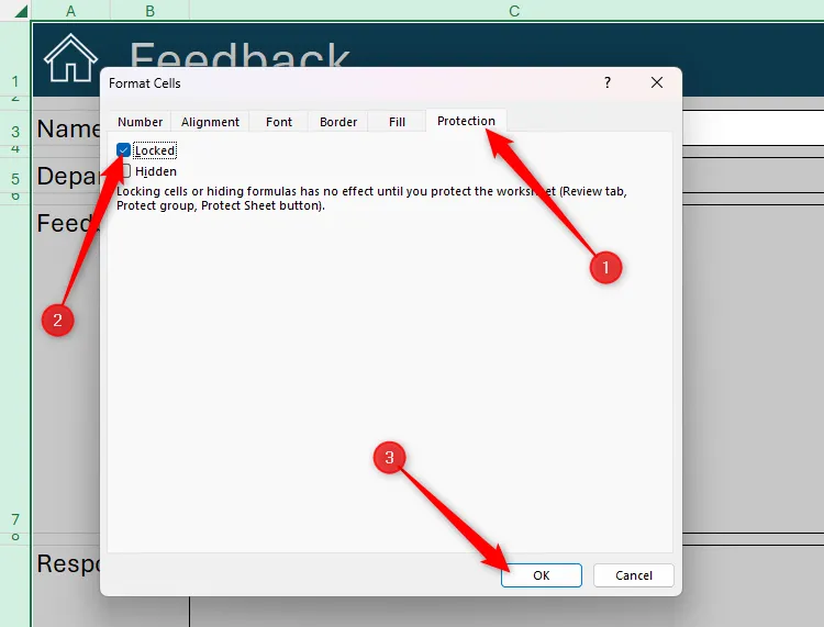 Tất cả các ô được chọn trong workbook Excel, và tùy chọn Locked (Khóa) được chọn trong tab Protection (Bảo vệ) của hộp thoại Format Cells (Định dạng Ô)