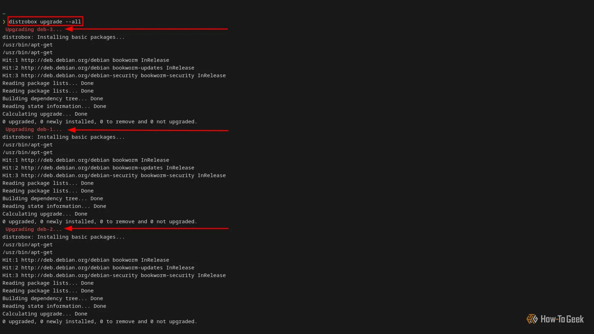 Terminal Linux hiển thị lệnh `distrobox upgrade --all` để cập nhật đồng loạt tất cả các container Distrobox, giúp duy trì phần mềm luôn mới nhất.