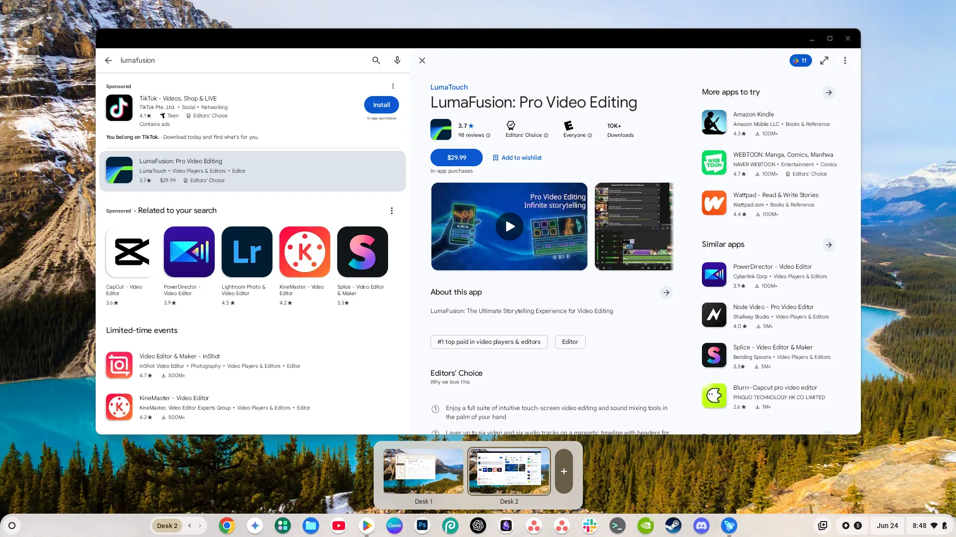 Thanh Virtual Desks hiển thị ở cuối màn hình Chromebook, giúp người dùng quản lý nhiều không gian làm việc.