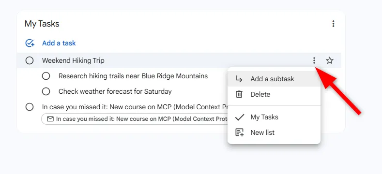 Thêm nhiệm vụ con trong Google Tasks