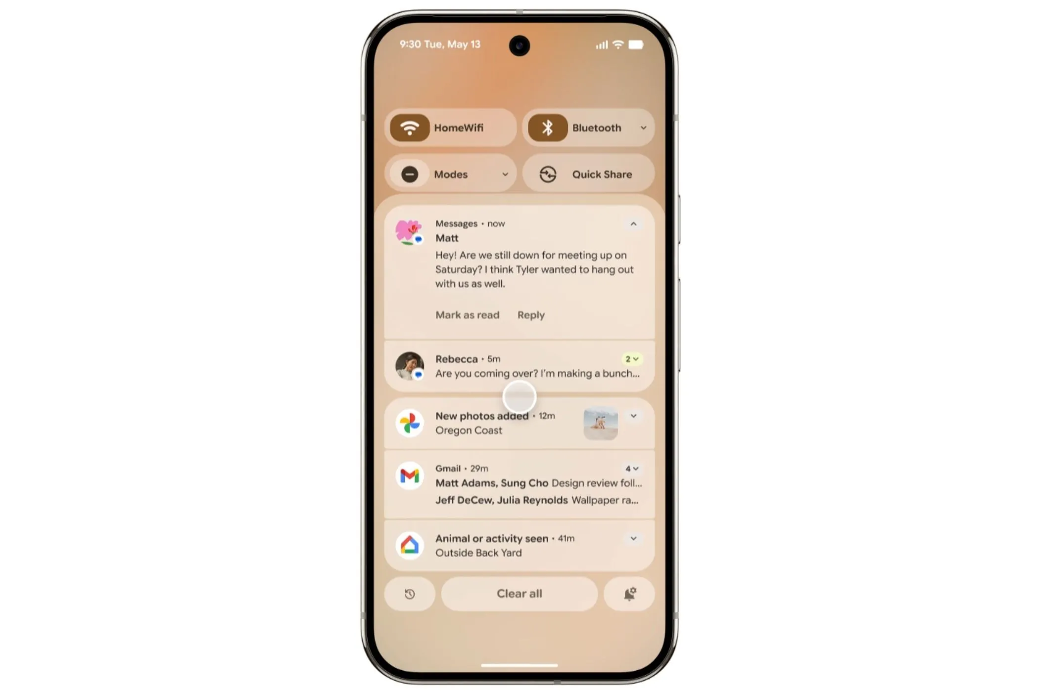 Thiết kế bảng thông báo mới của Android với Material 3 Expressive, hiển thị hiệu ứng làm mờ nền tinh tế.