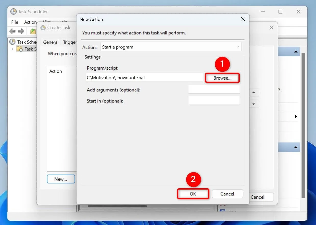 Thiết lập Action trong Task Scheduler để chạy script showquote.bat