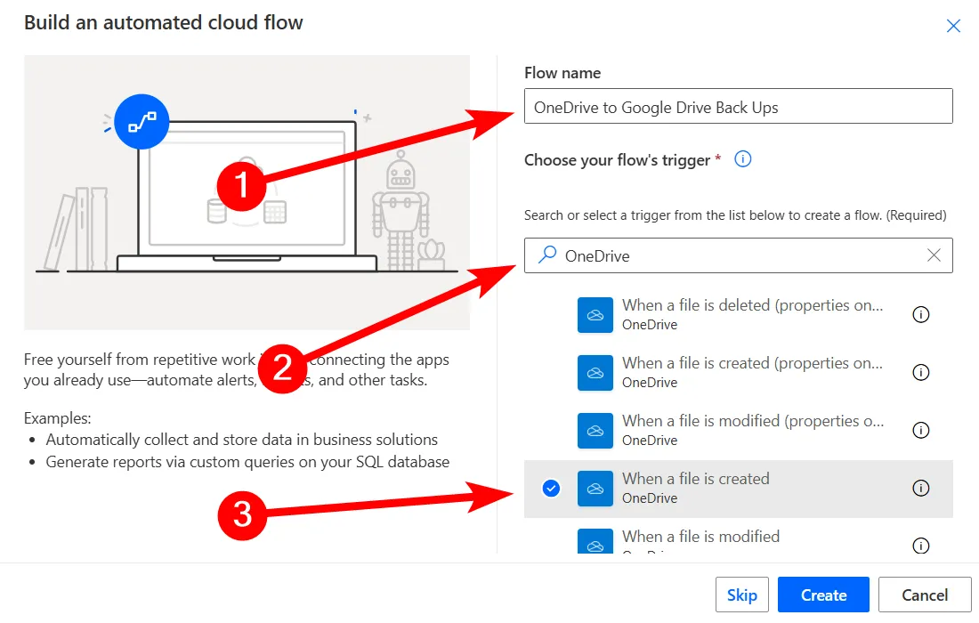 Thiết lập tên và chọn trigger &quot;Khi tệp được tạo&quot; cho flow OneDrive trong Power Automate