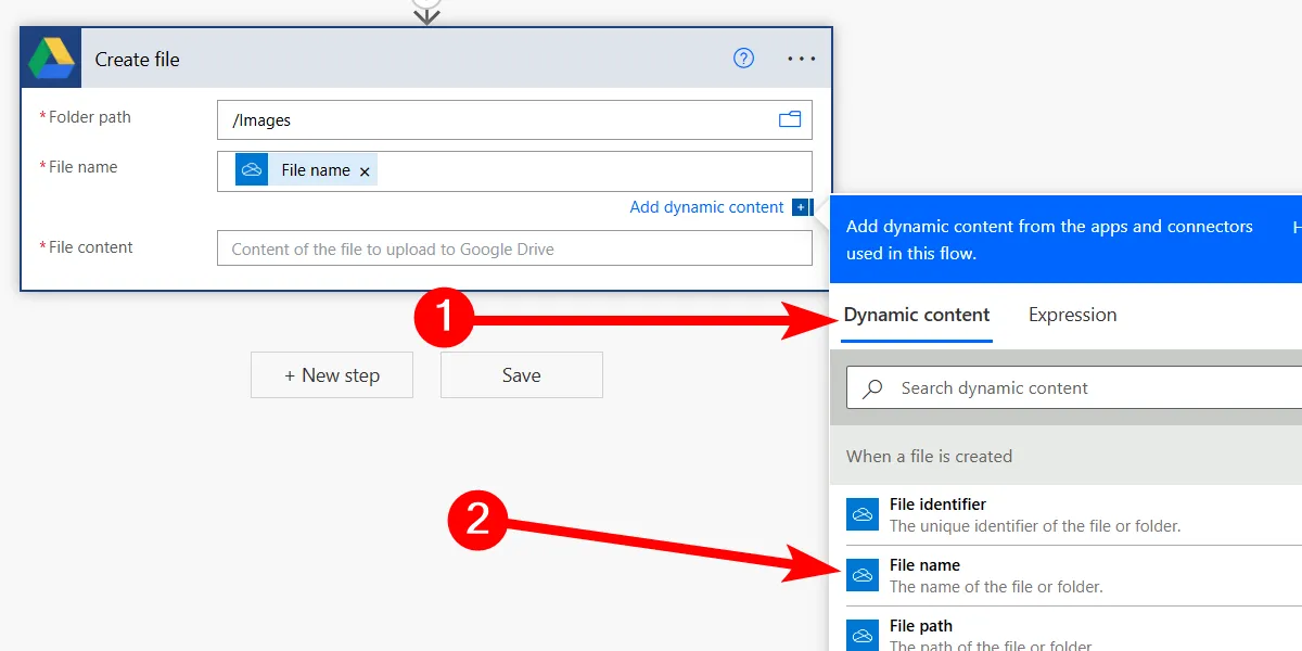 Thiết lập thuộc tính tên tệp động (File Name) cho action Google Drive trong Power Automate