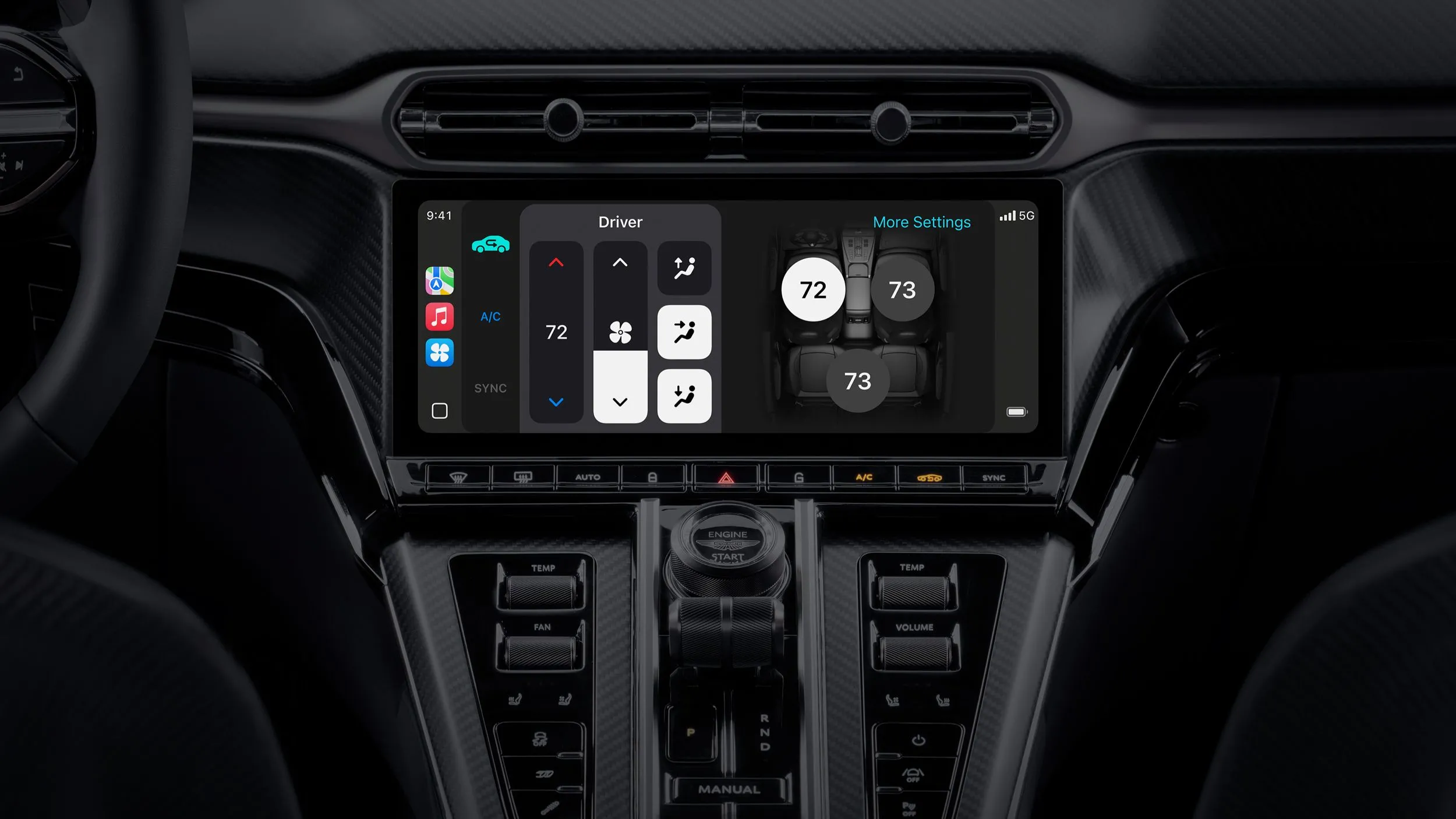 Thông tin điều hòa và điều khiển media tích hợp trong CarPlay Ultra hiển thị trên cụm đồng hồ