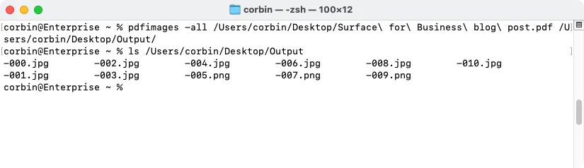 Thực hiện lệnh pdfimages để trích xuất hình ảnh từ PDF trên Terminal của Mac