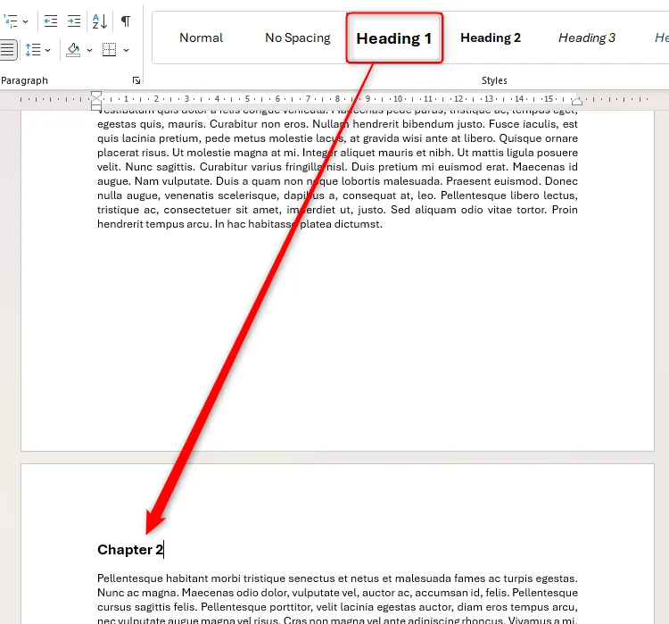 Tiêu đề trong tài liệu Word được gán kiểu Heading 1, bao gồm cài đặt Page Break Before