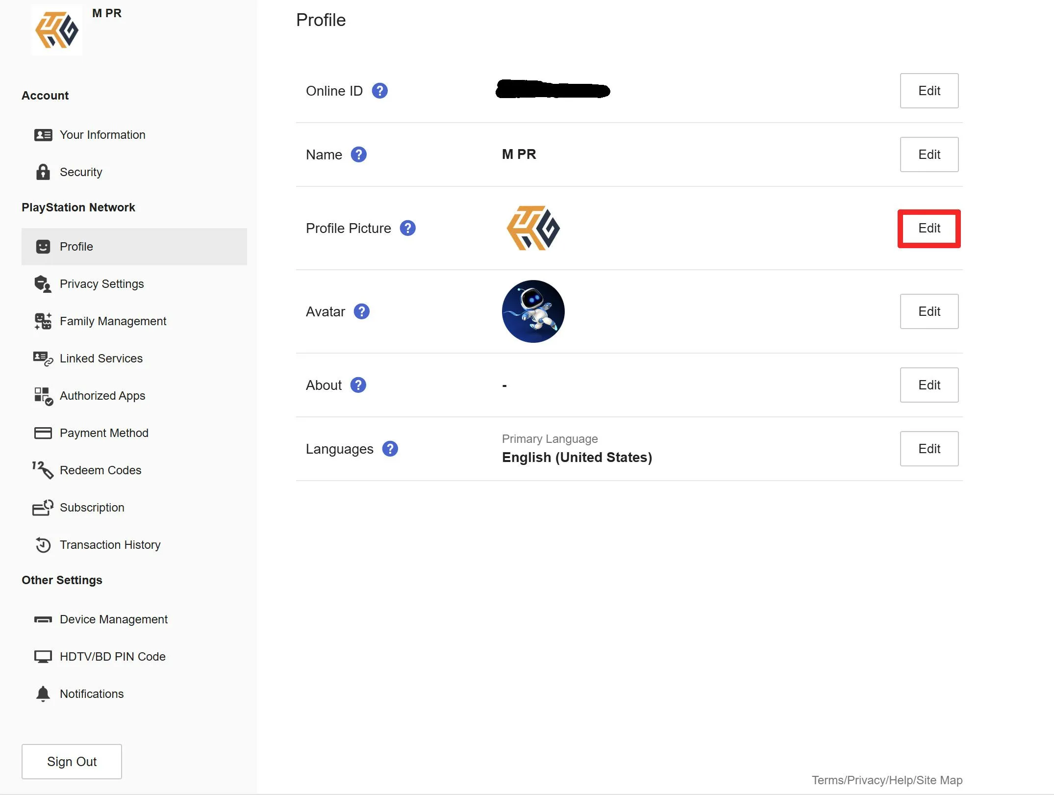 Trang hồ sơ PSN trên website PlayStation với nút 'Chỉnh sửa' ảnh đại diện được đánh dấu
