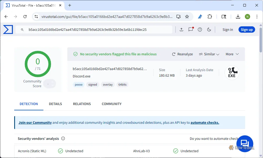 Trang kết quả chi tiết của VirusTotal sau khi quét một file thực thi