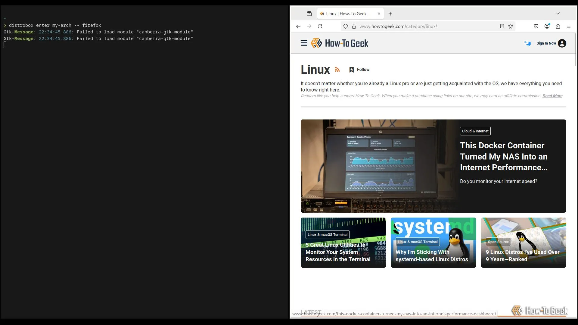 Trình duyệt Firefox đang chạy song song với terminal Linux, minh họa cách khởi chạy ứng dụng đồ họa từ container Distrobox Arch Linux trên hệ thống host.