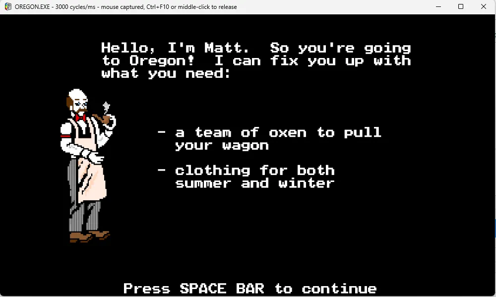 Trò chơi The Oregon Trail đang chạy trong môi trường DOSBox Staging.