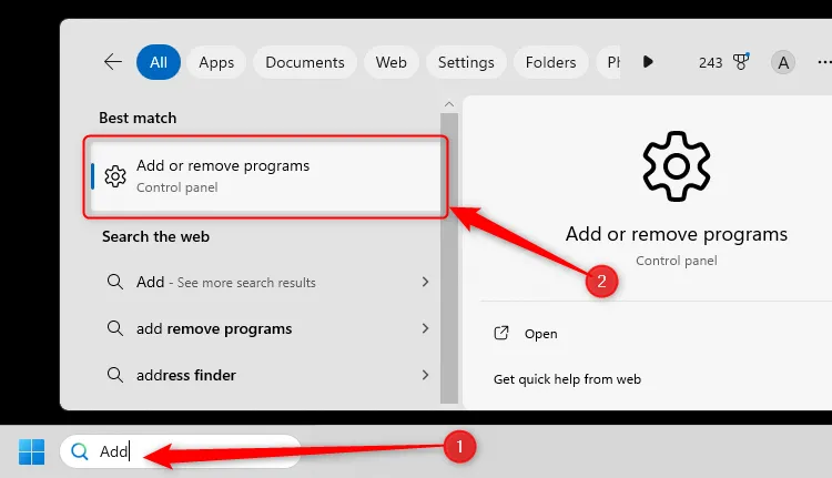 Từ &quot;Add&quot; được gõ vào trường tìm kiếm trên thanh tác vụ của Windows 11, và &quot;Add Or Remove Programs&quot; được chọn trong kết quả