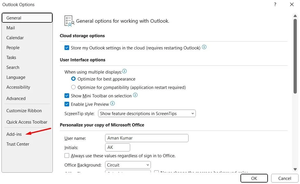 Tùy chọn Add-ins trong cửa sổ Outlook Options