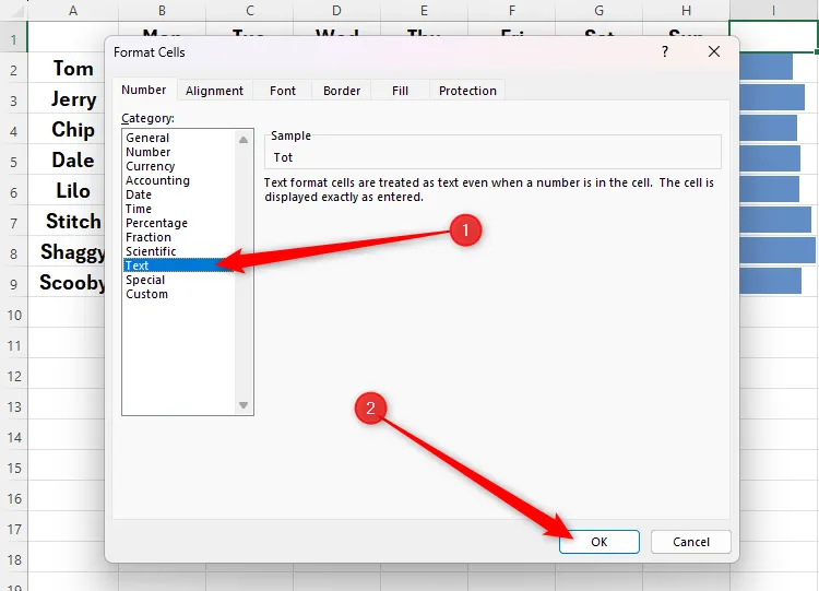 Tùy chọn định dạng Text được chọn trong hộp thoại Format Cells của Excel để hiển thị lại tiêu đề.