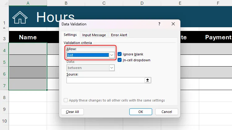 Tùy chọn List (Danh sách) được chọn trong trường Allow (Cho phép) của hộp thoại Data Validation (Xác thực Dữ liệu) của Excel