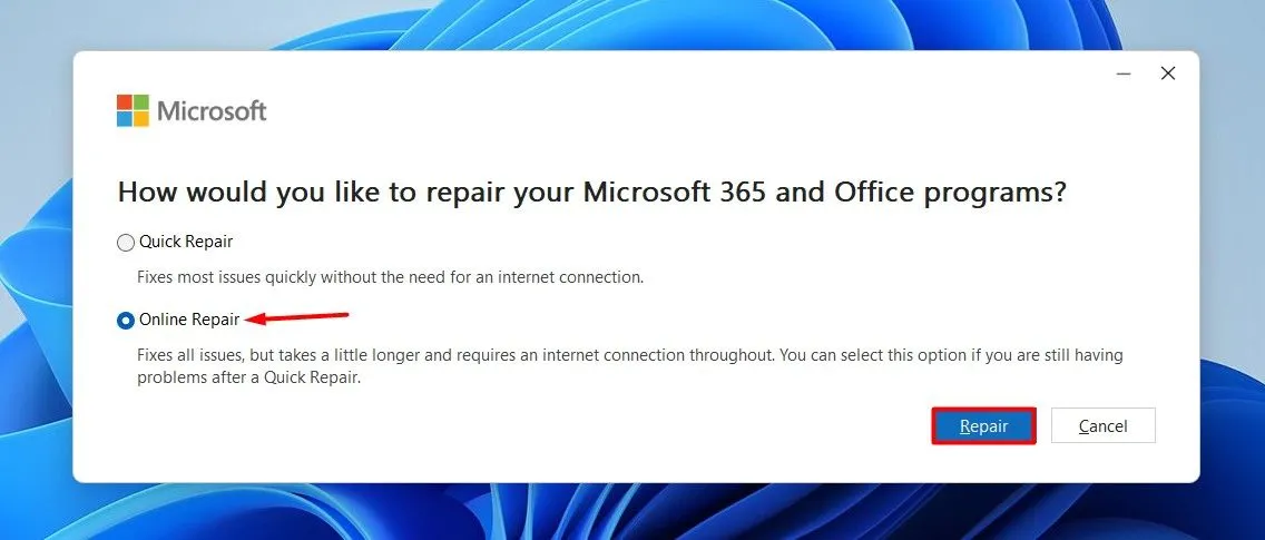 Tùy chọn Online Repair trong cửa sổ sửa chữa ứng dụng Microsoft Office