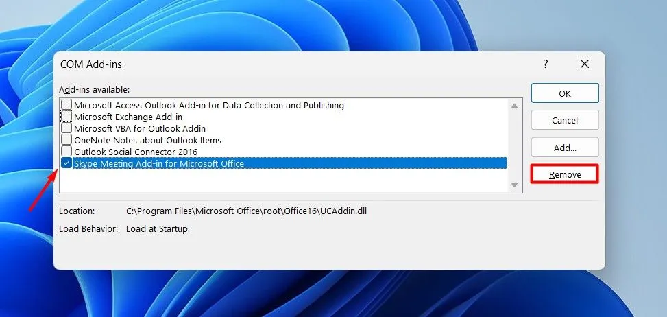 Tùy chọn Remove trong cửa sổ COM Add-ins