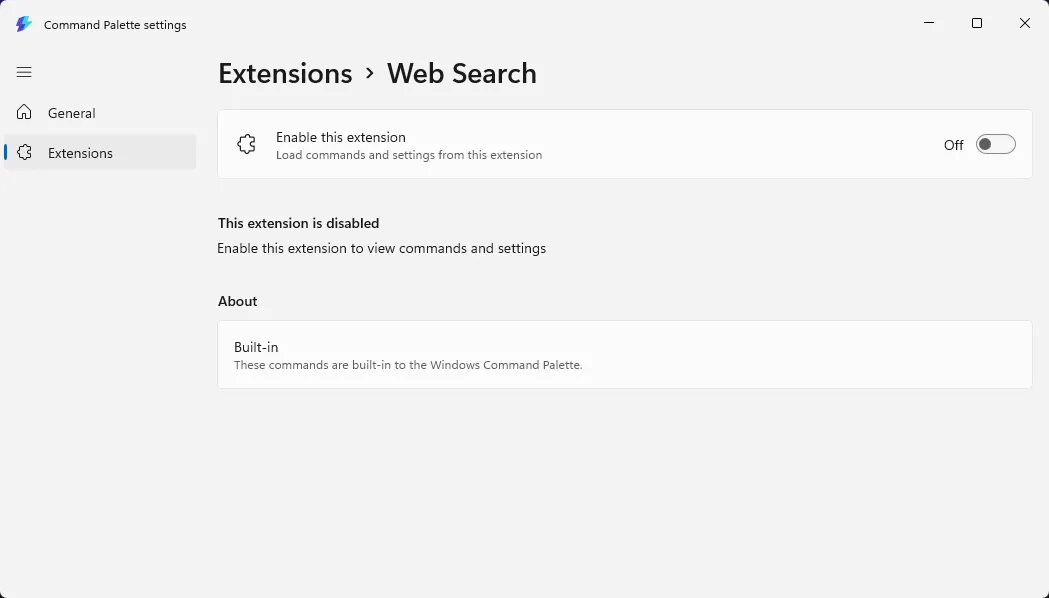 Tùy chọn tắt chức năng tìm kiếm web (Bing Search) trong cài đặt của PowerToys Command Palette.