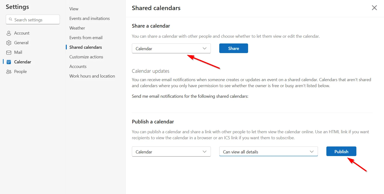 Tùy chọn Xuất bản lịch trong Outlook Calendar
