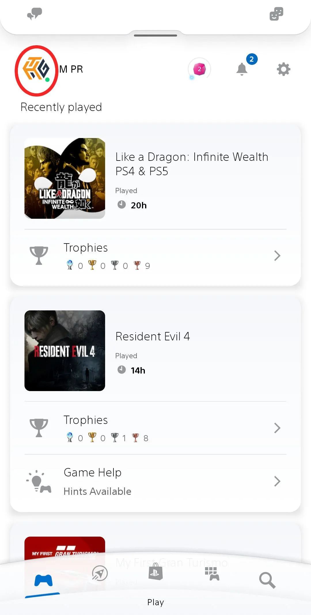 Ứng dụng PlayStation trên di động, khoanh tròn biểu tượng hồ sơ ở góc trên bên trái