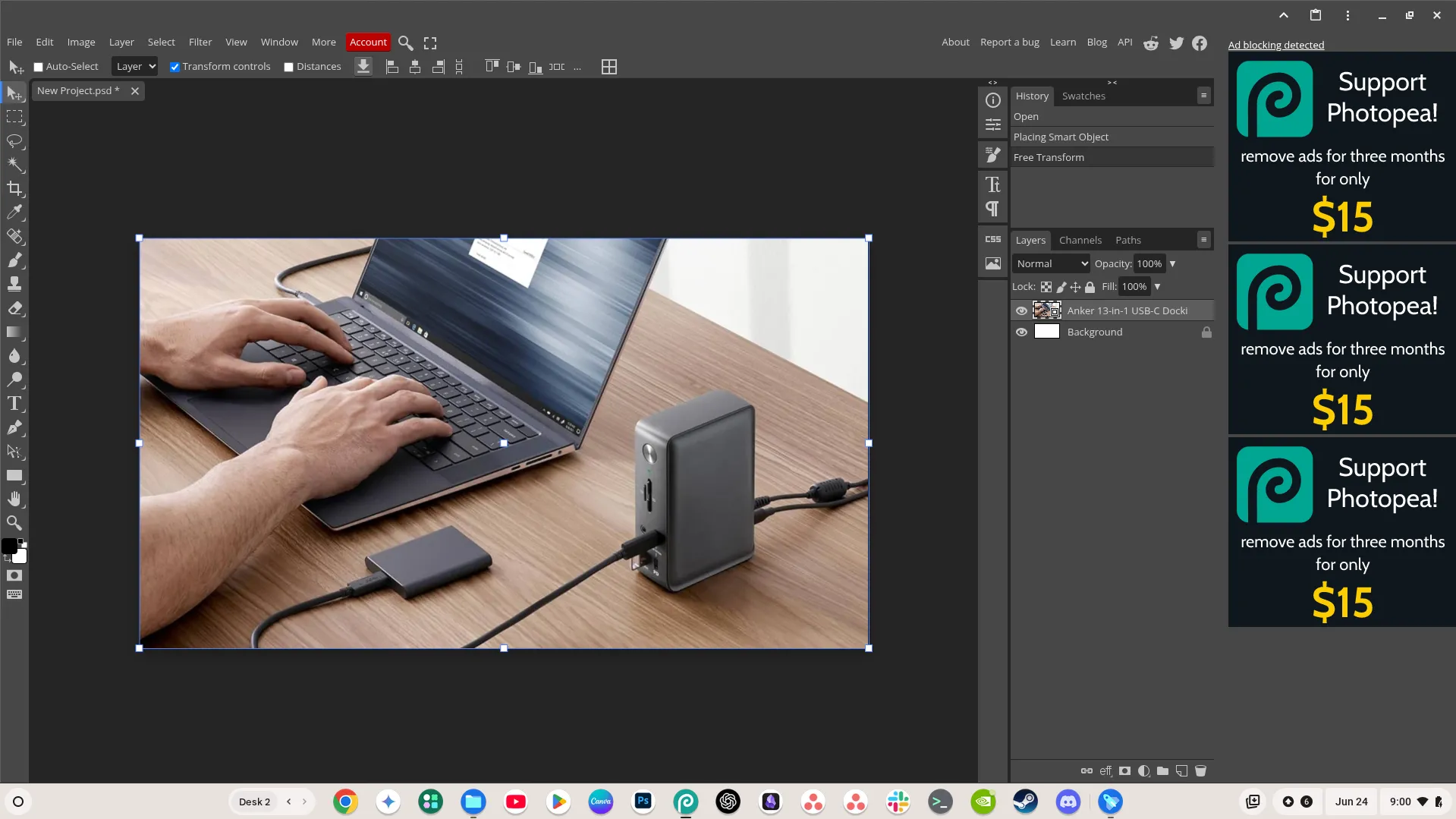 Ứng dụng web lũy tiến (PWA) Photopea đang mở trên Chromebook, minh họa trải nghiệm như ứng dụng gốc.