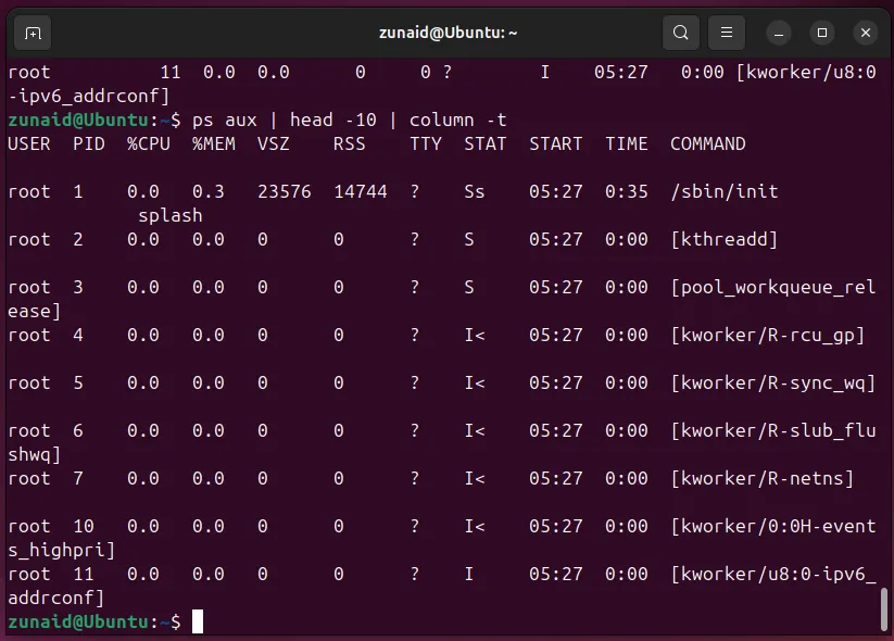 Ví dụ sử dụng lệnh column để định dạng đầu ra của các lệnh Linux thành bảng dễ đọc.