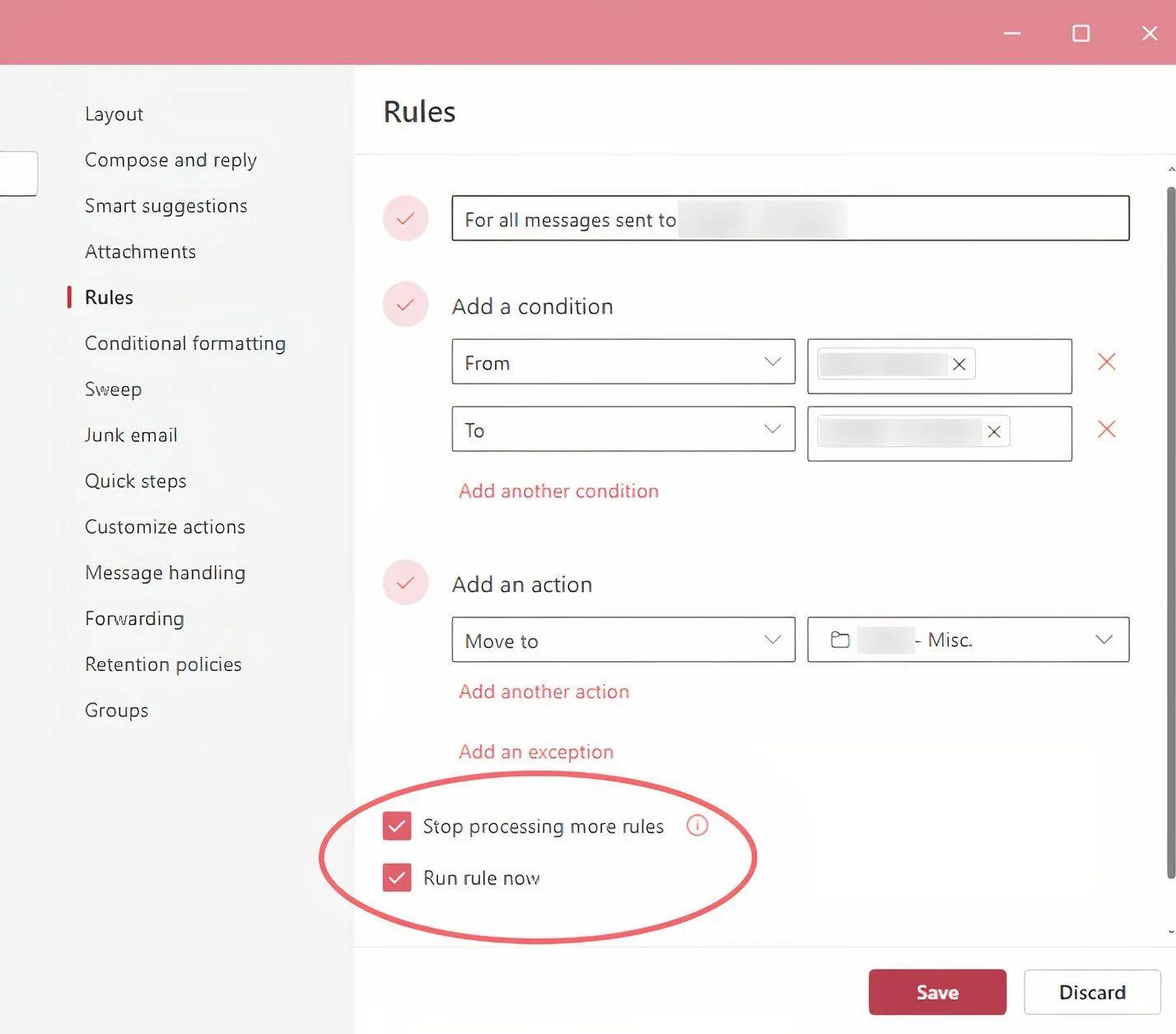 Ví dụ về quy tắc đã thiết lập trong Outlook, hiển thị tùy chọn 'Dừng xử lý các quy tắc khác'.