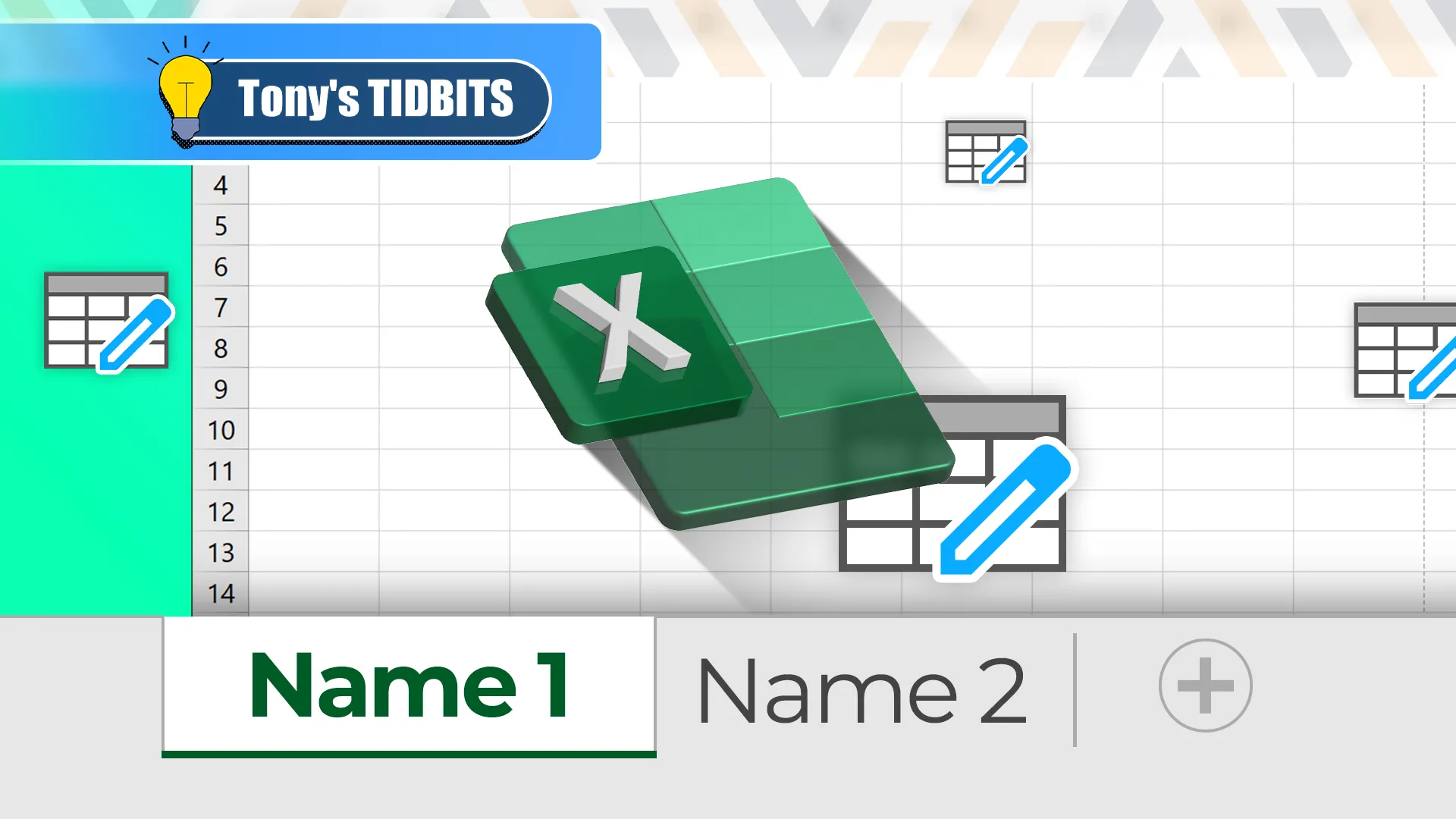 Worksheet Excel với tên các sheet được tô sáng và logo Excel